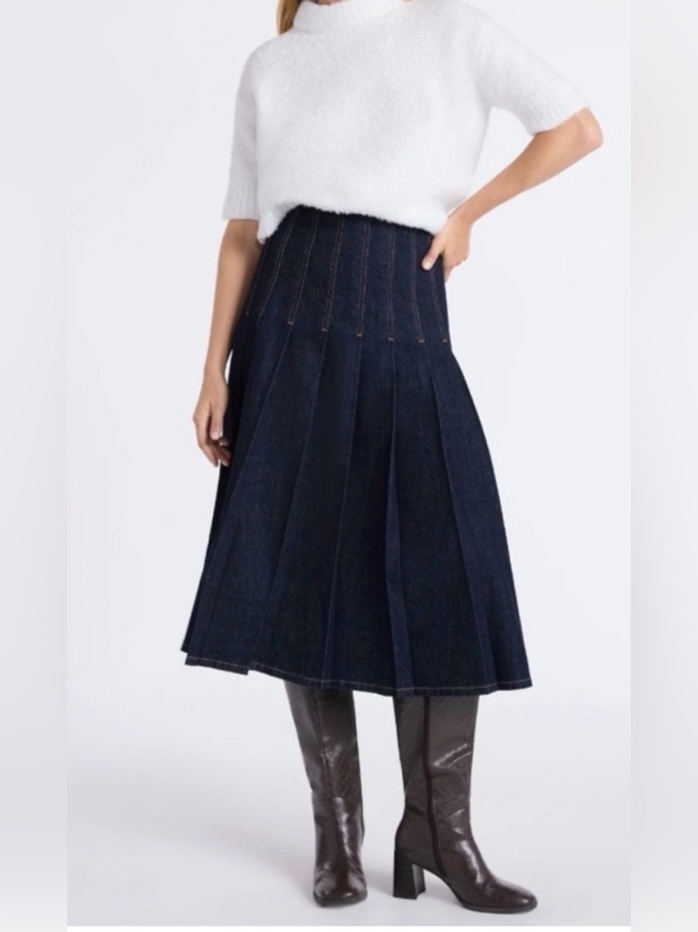 Free Assembly Stitch Pleated Dark Blue Denim Midi Skirt - Picture 2 of 16